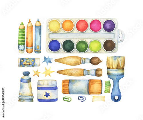 Set of fun, whimsical watercolor clipart, school, art, craft, creativity themed graphics, including paint, pencils, brushes, glue stick, stationery supplies, isolated on white background, flat lay