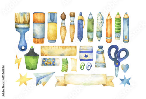 Set of back to school stationery watercolor clipart, art and craft classroom supplies, including pens, pencils, brushes, paint, decorative elements, isolated on white background