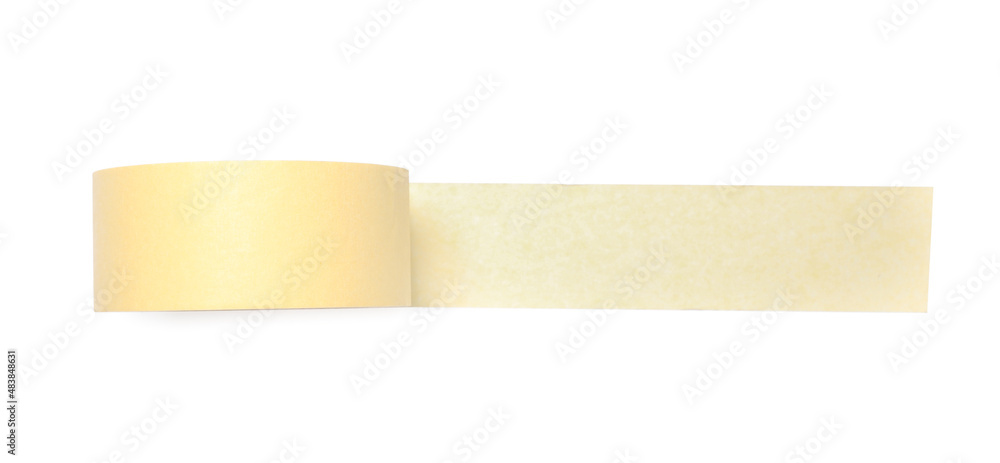 Roll of yellow adhesive tape on white background, top view Roll of yellow adhesive tape on white background, top view