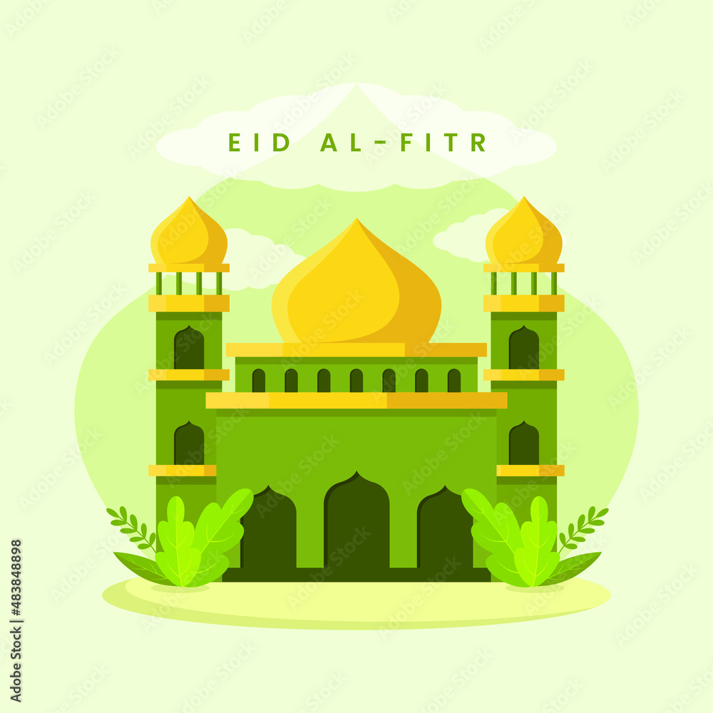 Eid al Fitr with illustration of mosque for muslim community festival.