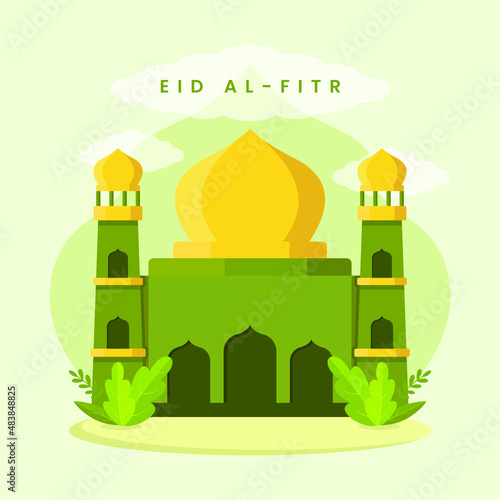 Eid al Fitr with illustration of mosque for muslim community festival.