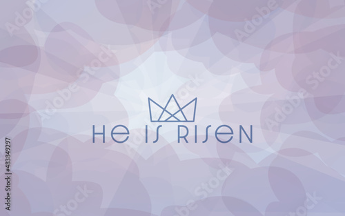 He is Risen under crown icon and blue clouds with sun rays shining through. Symbolizing the resurrection of Jesus Christ. Easter social media wide card.