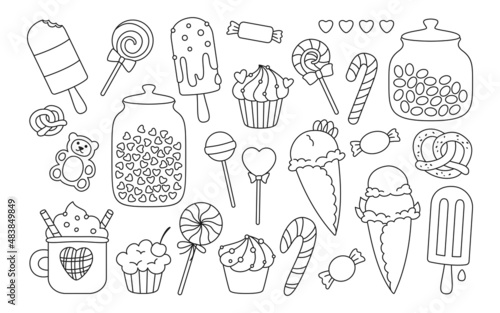 Sweets doodle set, jelly bear, spiral lollipop, pretzel caramel. Kawaii party outline sweet food collection. Holiday celebrate glossy sugar dessert. Surprise drawing isolated vector illustration