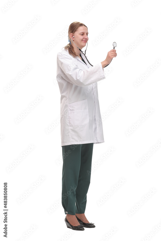 Side view of female doctor with a stethoscope listening Side view of female doctor with a stethoscope listening