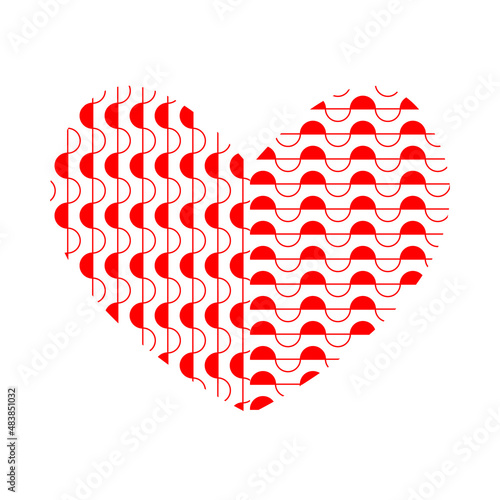 Human heart symbol. Silhouette filled with whimsical horizontal and vertical ornamentation. Organ that determines all thoughts and impulses of person. Seat of soul and secret impulses. Red-white image