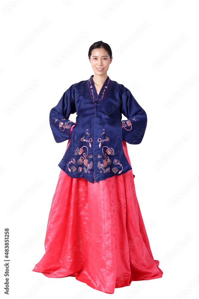 A beautiful Asian woman wearing hanbok is the national dress of Korea. White background. isolated. Clipping path A beautiful Asian woman wearing hanbok is the national dress of Korea. White background. isolated. Clipping path