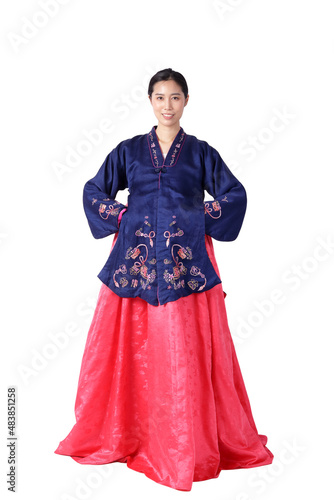 A beautiful Asian woman wearing hanbok is the national dress of Korea. White background. isolated. Clipping path