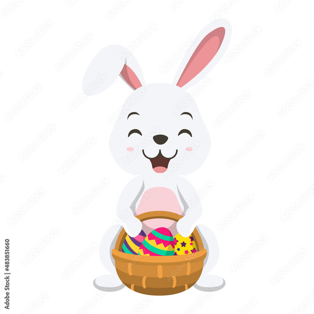 Fototapeta premium Cute little white bunny with basket of Easter egg
