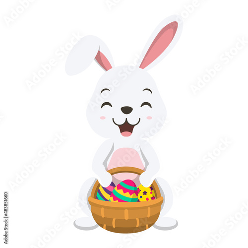 Cute little white bunny with basket of Easter egg