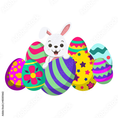 Cute little white bunny with many Easter egg