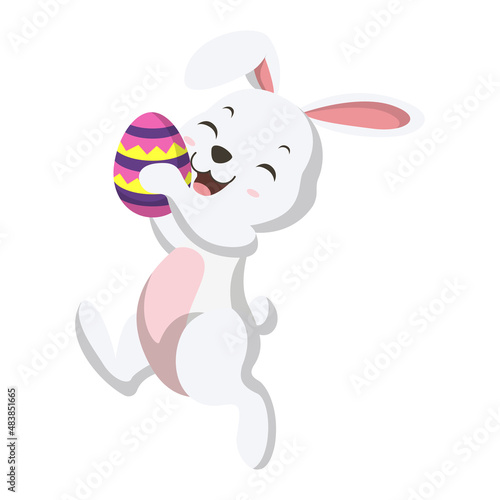 Cute little white bunny holding Easter egg