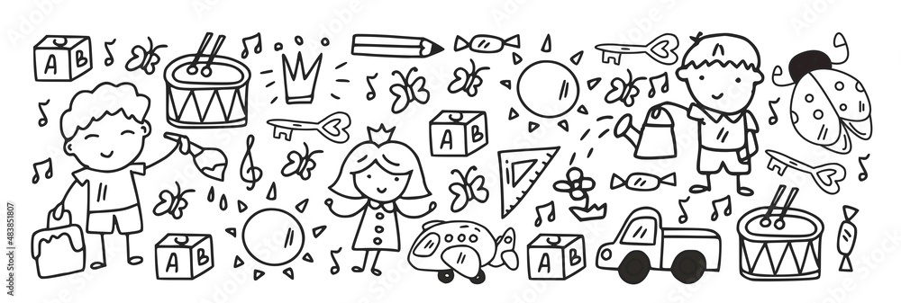 Obraz premium Vector pattern with little children. Kindergarten. Imagination. Creativity. Play.