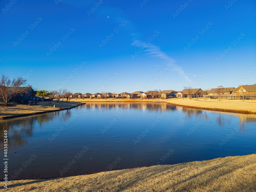 Sunny view of a community pond