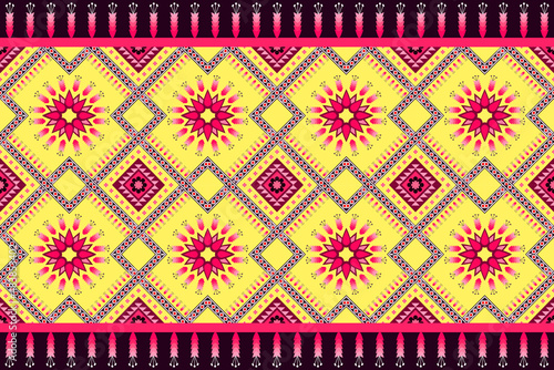 Vector geometric ethnic oriental pattern,pink floral and yellow background design for decorating, wallpaper, fabric, clothing, textile, tablecloth, carpet,curtain,batik,backdrop and etc.