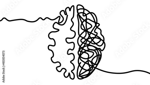 Human Brain Concept with Two Different Parts Animation. One Line Creative Organized Side VS Complicated Side.  Creativity and Thinking, Metaphor and Neuro Psychology Concept photo
