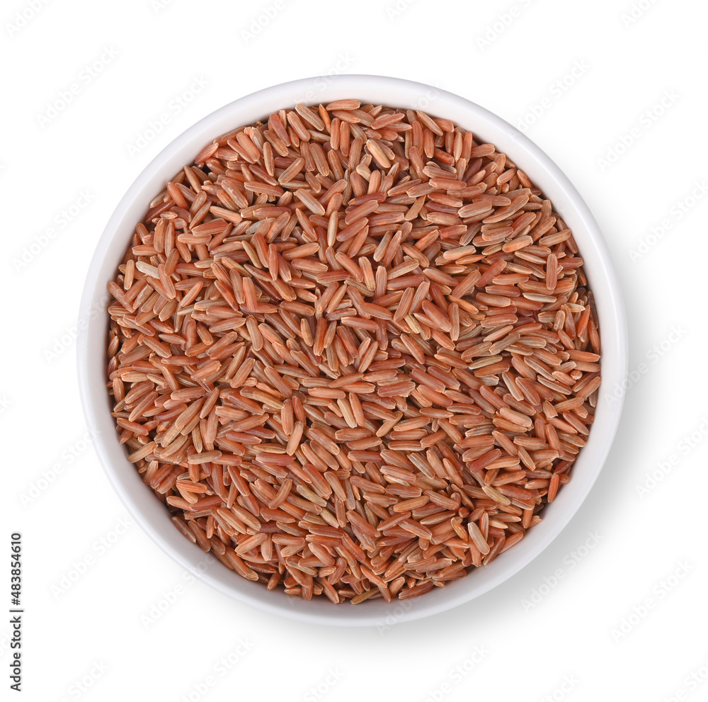 Organic Red Jasmine Rice in white bowl on white background. Top view. Organic Red Jasmine Rice in white bowl on white background. Top view.