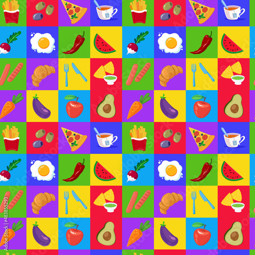 Seamless colorful pattern with different breakfast food. Fried eggs, avocado, tea, pizza, coffee, croissant. Vector illustration. Print for textiles, print design, postcards.