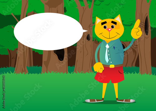 Funny cartoon cat saying no with his finger. Vector illustration. Cute orange, yellow haired young kitten.
