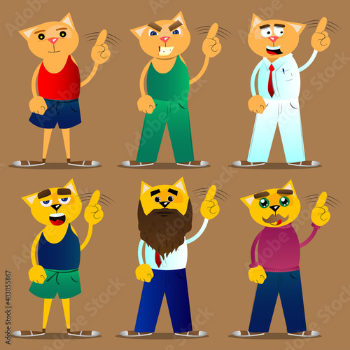Funny cartoon cat saying no with his finger. Vector illustration. Cute orange, yellow haired young kitten.