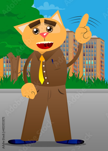 Funny cartoon cat saying no with his finger. Vector illustration. Cute orange, yellow haired young kitten.
