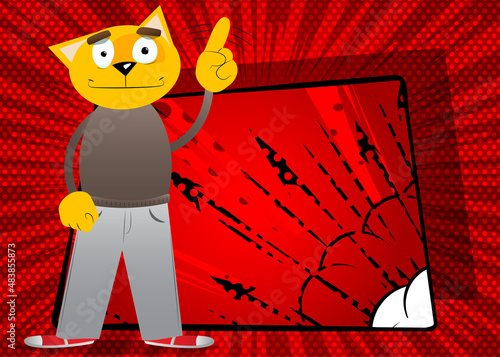 Funny cartoon cat saying no with his finger. Vector illustration. Cute orange, yellow haired young kitten.