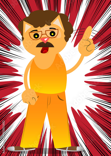 Funny cartoon cat saying no with his finger. Vector illustration. Cute orange, yellow haired young kitten.