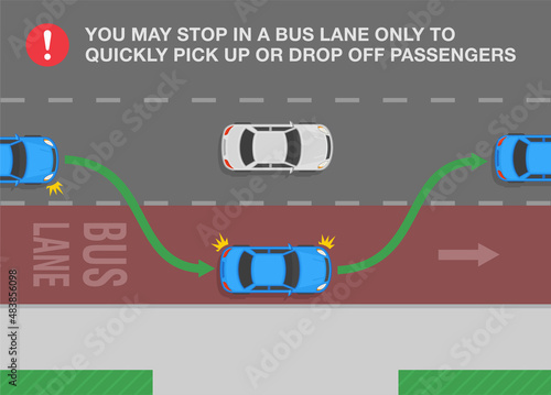 Safety driving and traffic regulating rules. Drivers may enter the bus lane to quickly pick up or drop off passengers. Top view of a city road with bus lane. Flat vector illustration template.