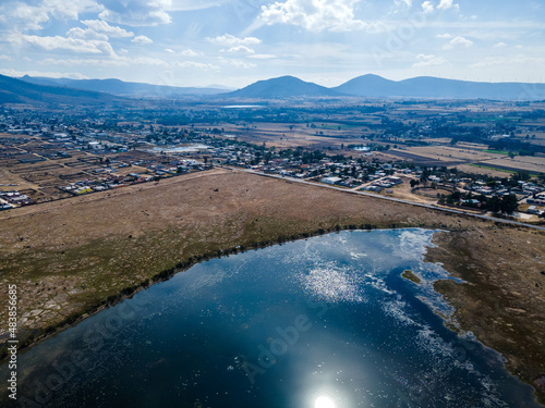 Aerial landscape with lake from the drone - coastline mexico, queretaro