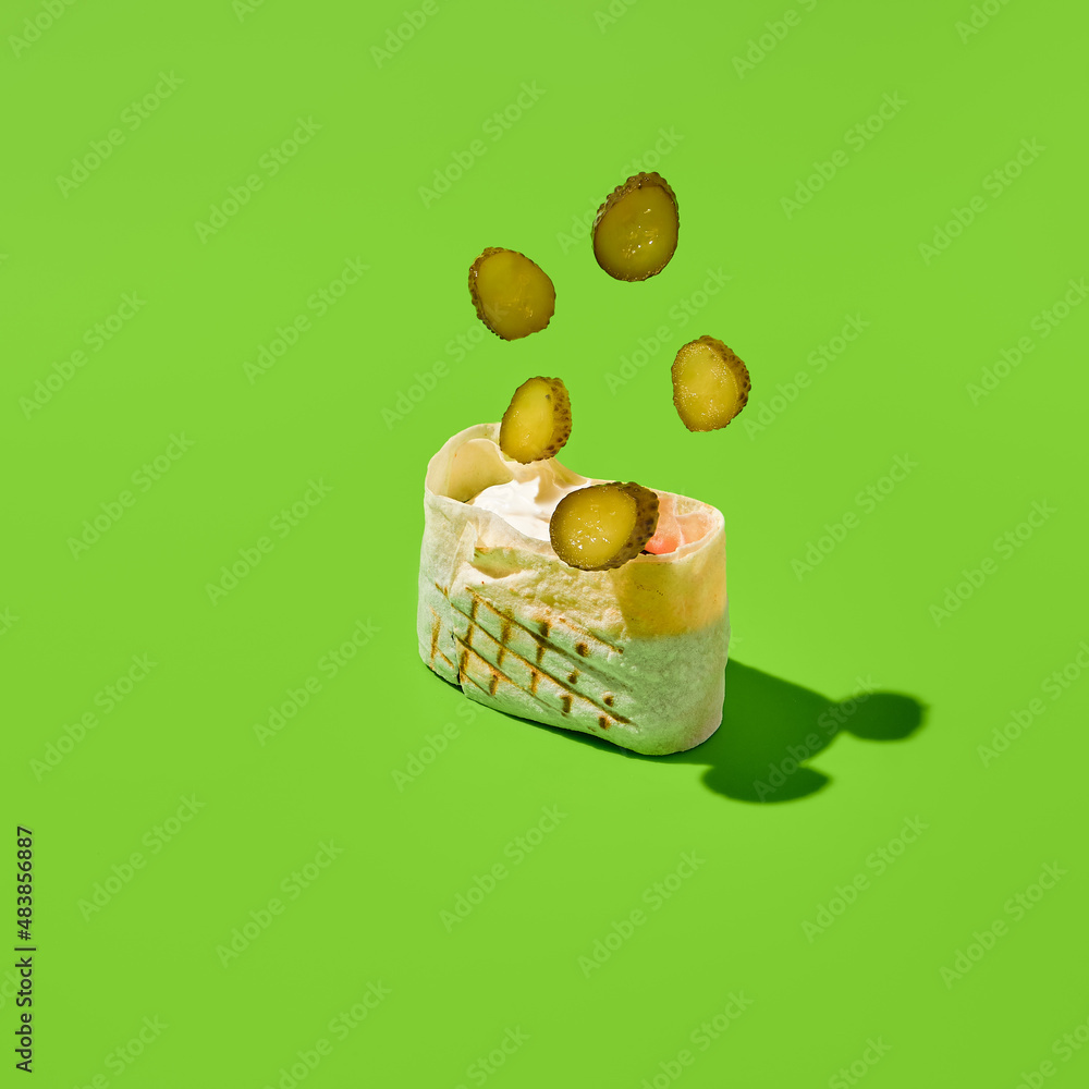 Shawarma ingredients in roll. Supplement for greek gyros pickled