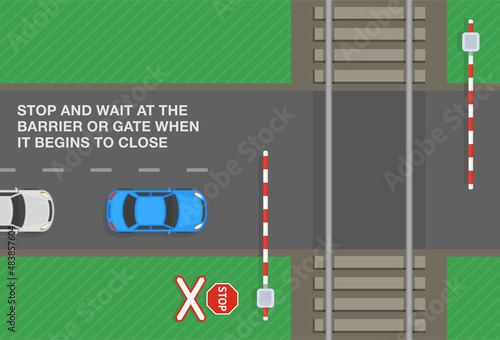 Safety driving rules and tips. Stop and wait at the level crossing barrier or gate when it begins to close. Top view of a city road. Flat vector illustration template.