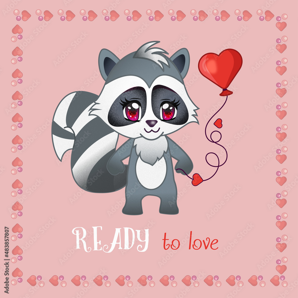 Cute racoon with balloon ready to love postcard for St. Valentine's day Cute racoon with balloon ready to love postcard for St. Valentine's day