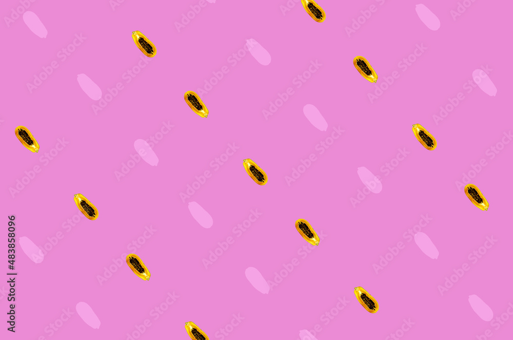Colorful fruit pattern of fresh papaya on pink background. Top view. Flat lay. Pop art design