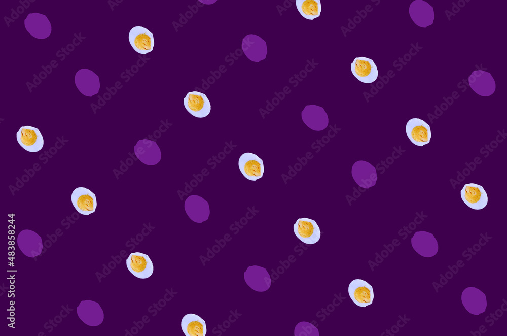 Colorful pattern of chicken eggs on violet background. Top view. Flat lay. Pop art design Colorful pattern of chicken eggs on violet background. Top view. Flat lay. Pop art design