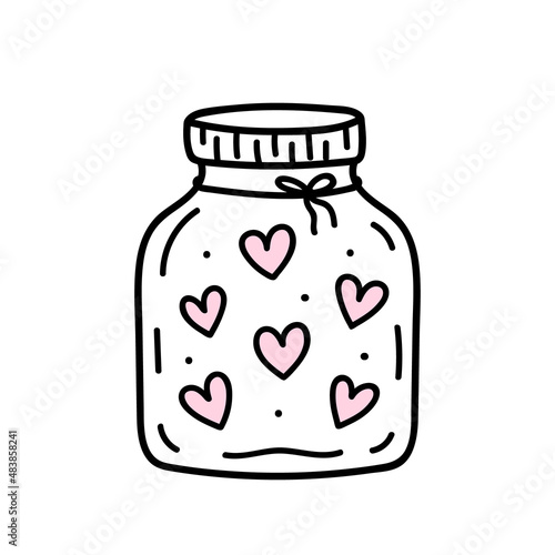 Cute jar filled with hearts isolated on white background. Vector hand-drawn illustration in doodle style. Perfect for Valentine's Day designs, cards, invitations, decorations.