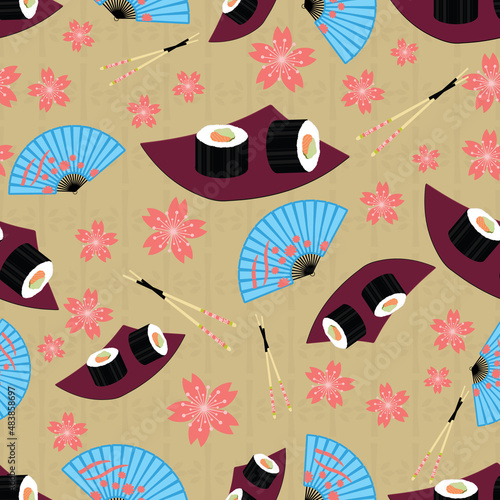 Cute Japanese food and elements inspired seamless pattern background