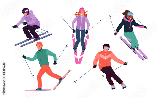 Cartoon active adult characters in goggles hold ski poles, jump and cross mountains isolated on white. Skiers people skiing down snow slopes, winter extreme sport activity set vector illustration