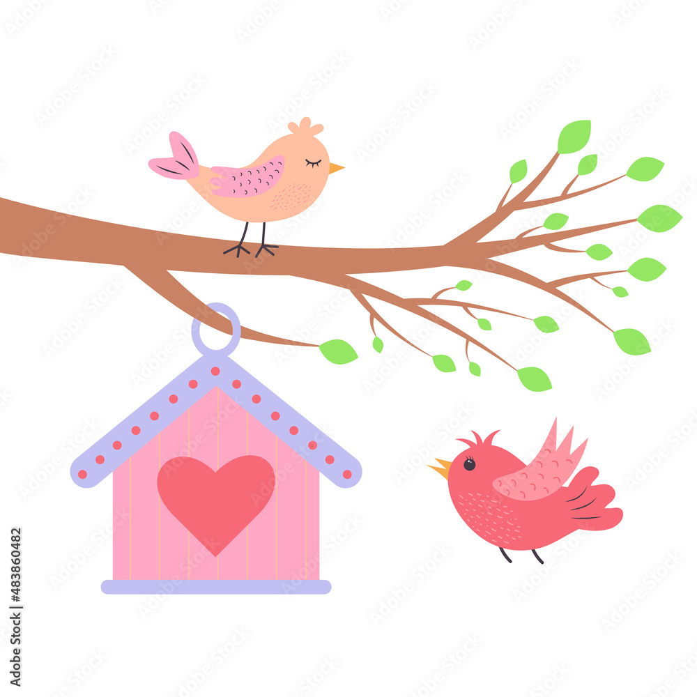 Branch with a birdhouse and cute birds. Springtime. Bird is flying. Vector illustration. Branch with a birdhouse and cute birds. Springtime. Bird is flying. Vector illustration.