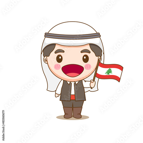 Lebanese in national dress with a flag. A boy in traditional costume. Chibi cartoon character