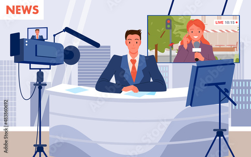 Cartoon scene with live interview of woman journalist holding microphone on screen, presenter sitting at table on stage. Journalism, television concept. TV breaking news in studio vector illustration