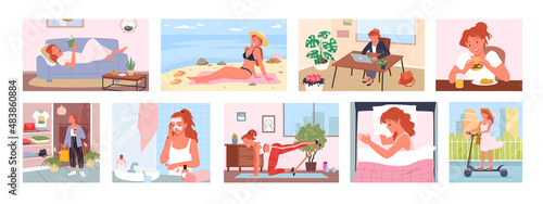 Cartoon young woman working at laptop, doing sports exercises at home and shopping in stores, eating fast food, lifestyle background collection. Daily routine of cute girl set vector illustration