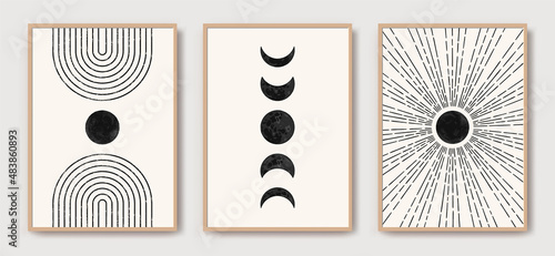 Boho sun, moon, arch set, minimalist mid century modern art