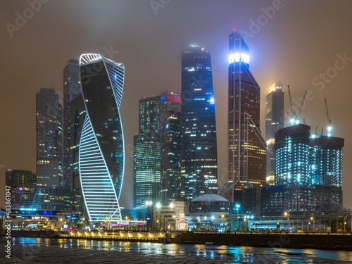 Moscow city at winter night. Modern skyscrapers in Moscow-city downtown. Moscow  Russia