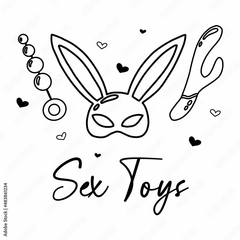 Obraz premium Vector illustration of vibrator, anal beads and mask. Poster for sex shop. Toys for adults. Doodle style. Sex toys.