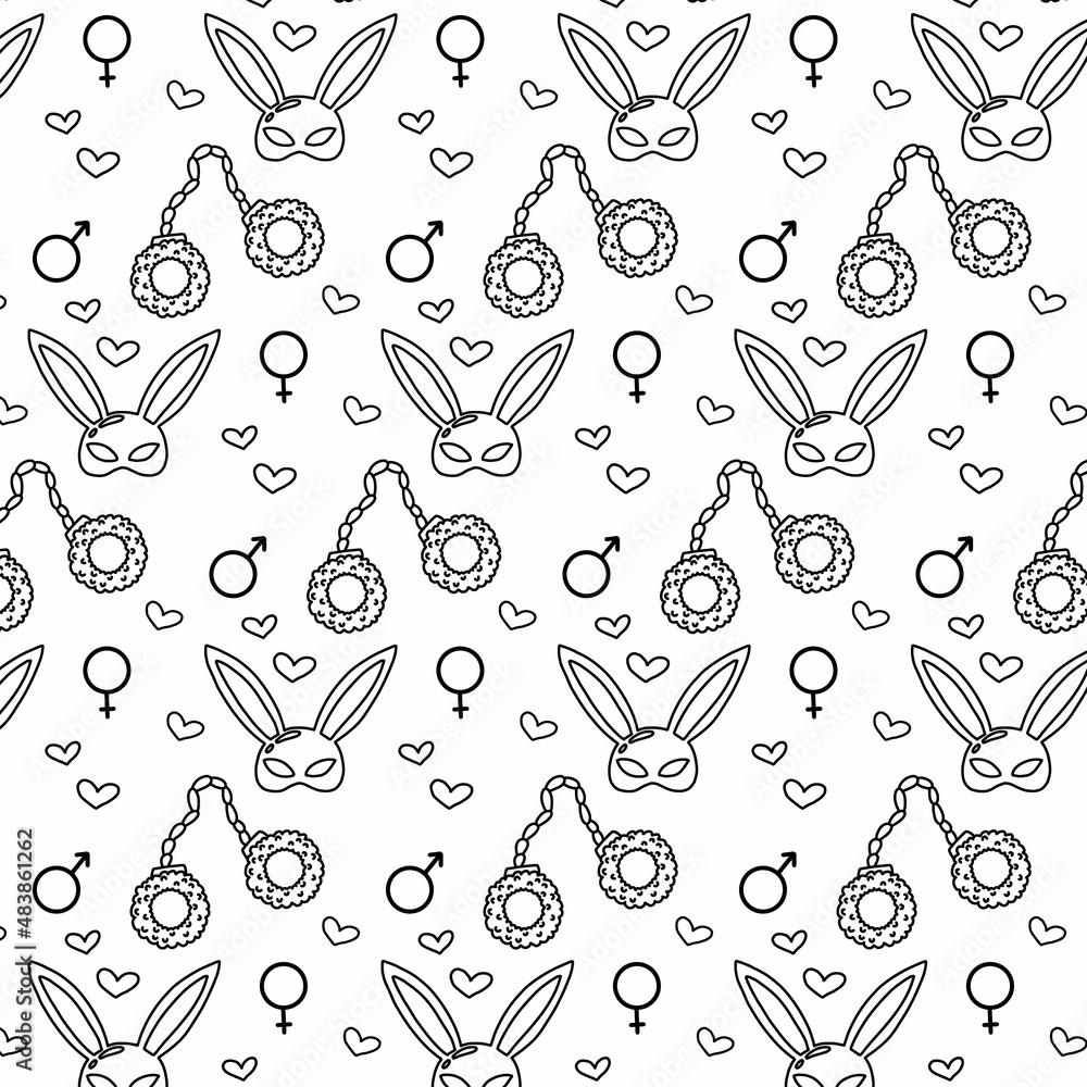 Vector seamless pattern with handcuffs and mask. Pattern with sex toys. Doodle style. Vector seamless pattern with handcuffs and mask. Pattern with sex toys. Doodle style.