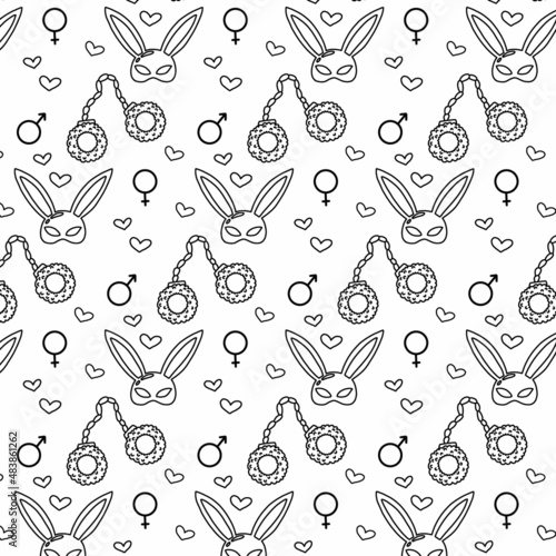  Vector seamless pattern with handcuffs and mask. Pattern with sex toys. Doodle style.