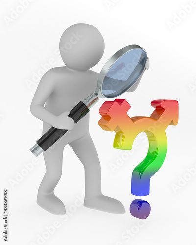 man with magnifier on white...