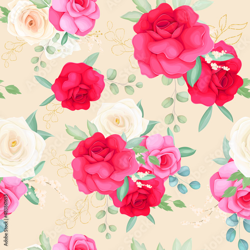 Fototapeta Naklejka Na Ścianę i Meble -  seamless pattern design with beautiful rose flower hand drawing