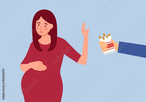 No smoking during pregnancy. Pregnant woman refuse cigarettes for good health.