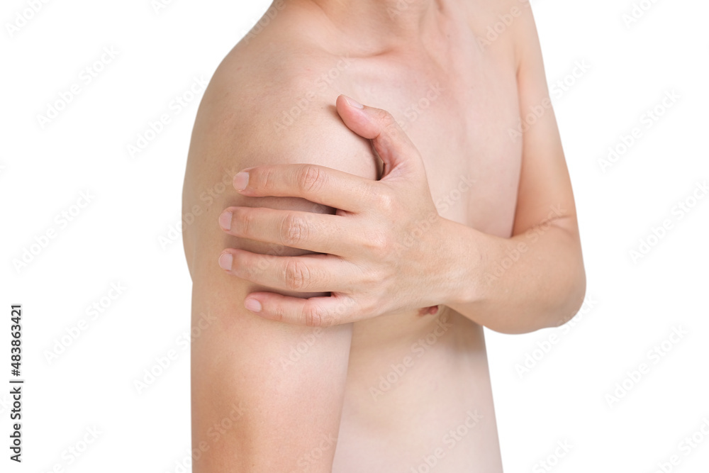 Fototapeta premium men have neck pain, shoulder pain in the room. health concept.