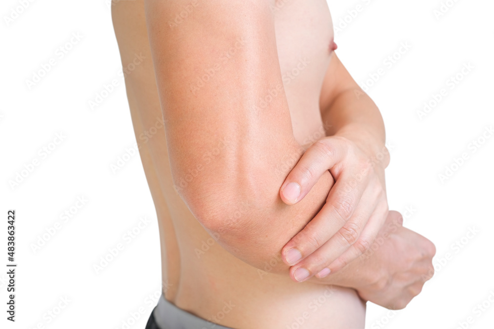 Men use their hands to hold their elbows and He had pain at the elbows. Painful Health and medical concepts